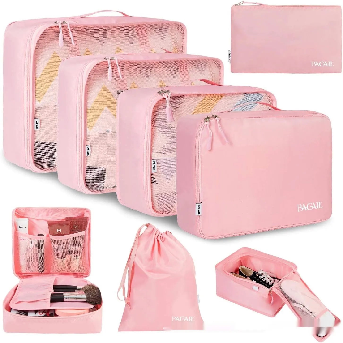 Cubic eight-piece travel packing set showing compression bags in various colours including beige, black, and pink leopard print