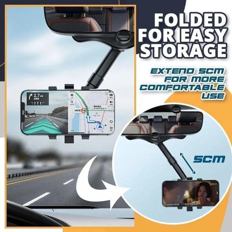 Black rearview mirror phone holder with telescopic arm and four-claw phone grip mounted on a car mirror
