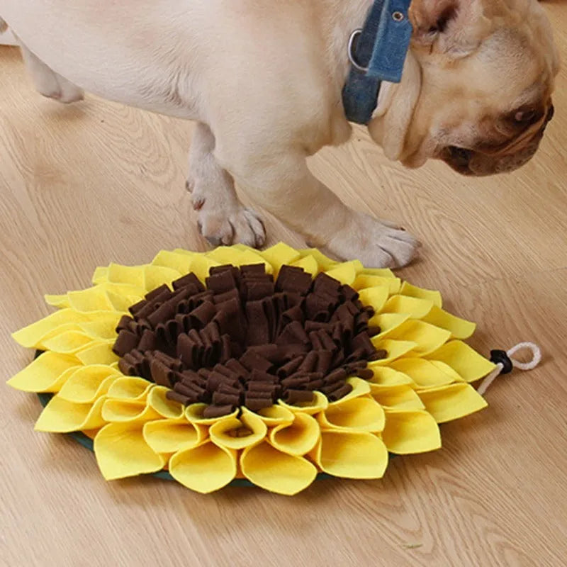 Yellow sunflower snuffle mat for dog feeding and nosework training games
