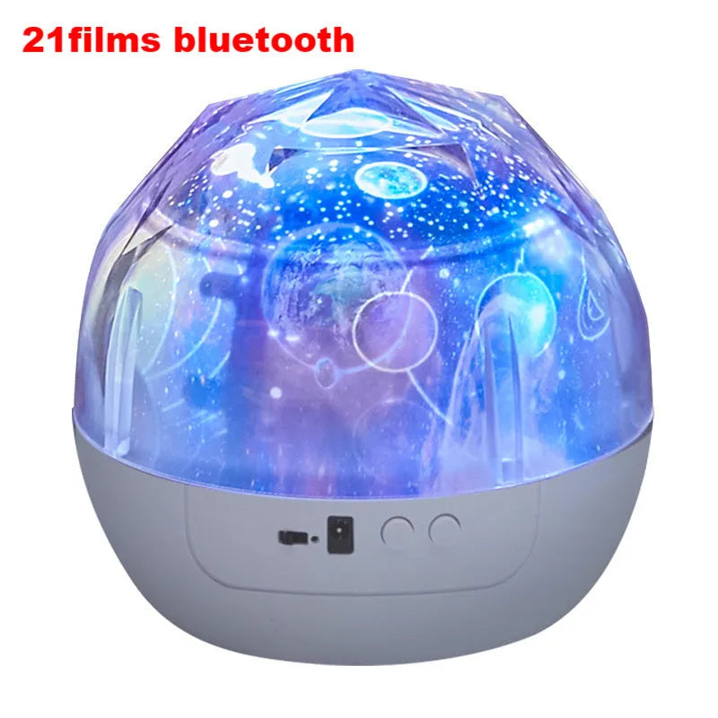 Starry sky projector lamp displaying cosmic patterns with Bluetooth connectivity and USB power