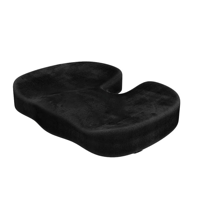 Black flannel U-shaped memory foam seat cushion for office chairs, showing contoured design.