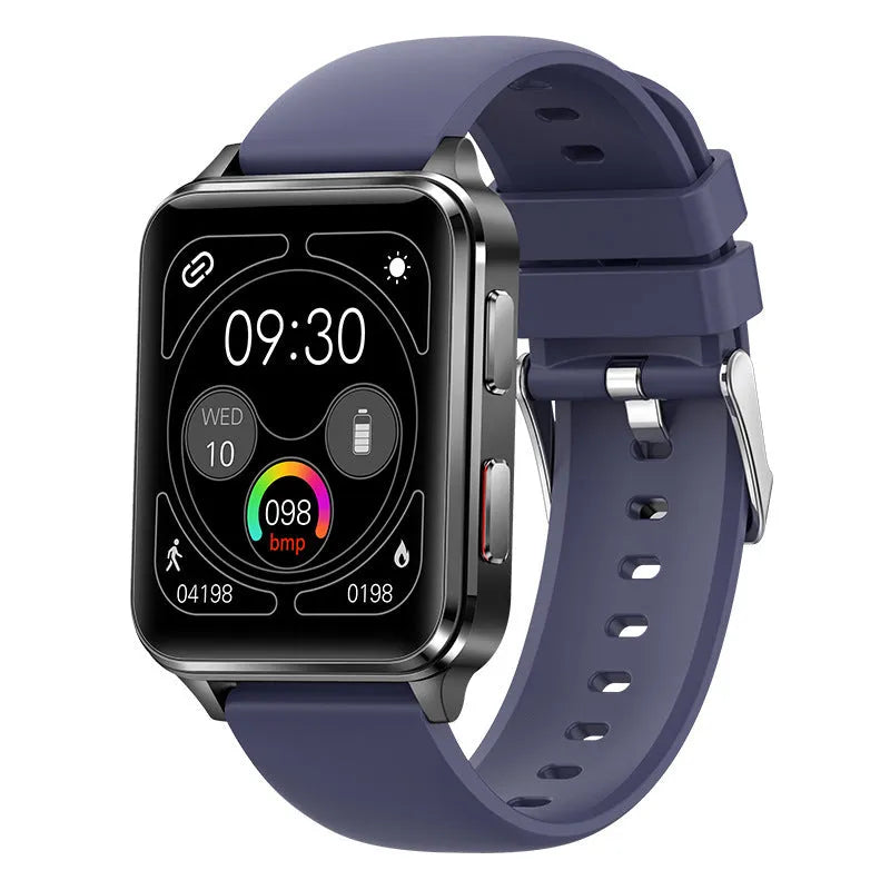Blue multi-sport smart watch with 1.7-inch tempered glass screen and silicone wristband on wrist