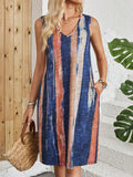 Women's V-neck sleeveless casual dress with colour block striped pattern in polyester fabric