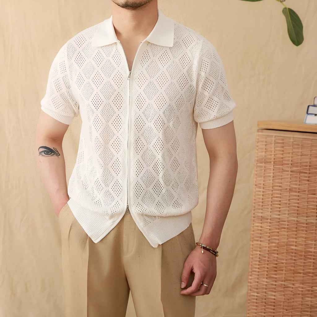 Light brown zip-front cotton cardigan with a lapel collar and short sleeves.
