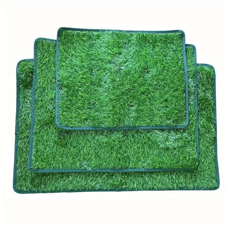 Artificial grass dog toilet training mat showing three size options for indoor pet training