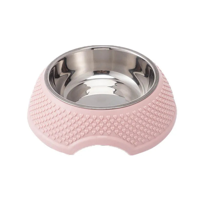 Blue stainless steel pet bowl with non-slip base on a floor