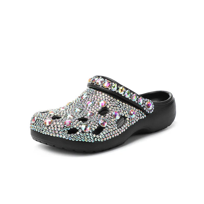 Black platform sandals for women with rhinestone decorations and hole-patterned EVA upper