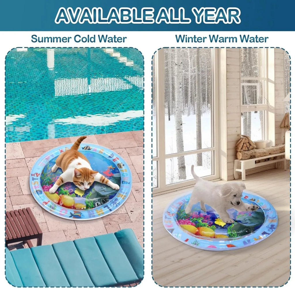 Blue water sensory playmat for cats and dogs on floor, showing inflated edge and floating fish toys inside.