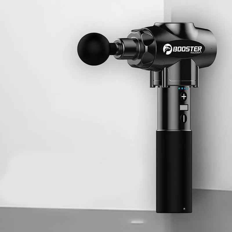 Black and white percussion muscle massager with adjustable speed control and 12mm stroke depth