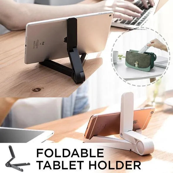 Black foldable aluminium tablet holder showing adjustable angles and flat-folded profile