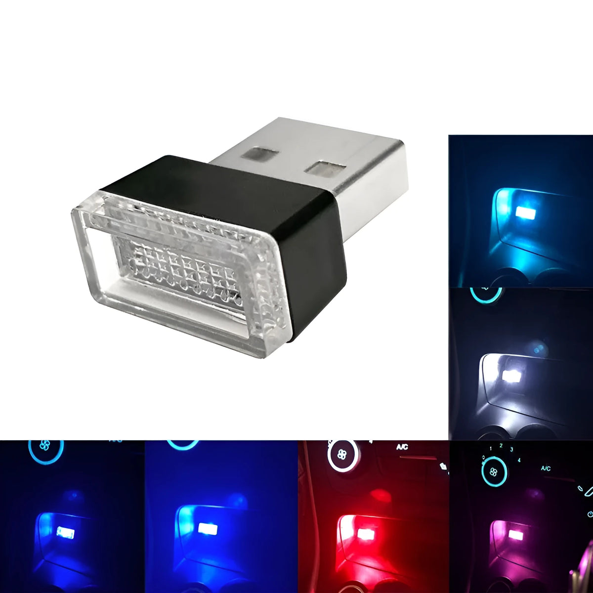 USB car LED night light in white, blue, ice blue, pink purple, red, green, or yellow, PC and LED, 5V 0.034W.