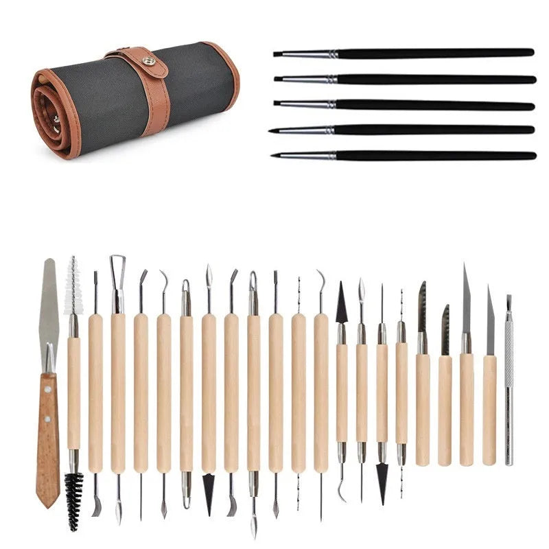 Brown 27-piece pottery clay tool set with stainless steel blades and wooden handles for sculpting