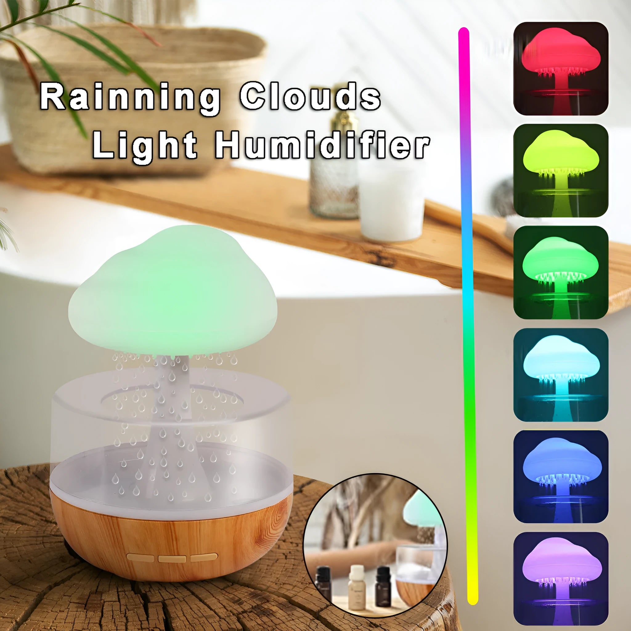 White USB humidifier with water tank, 7-colour night light, and essential oil diffuser