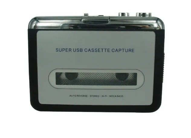 Cassette to MP3 converter unit with USB cable on a desk next to a cassette tape.