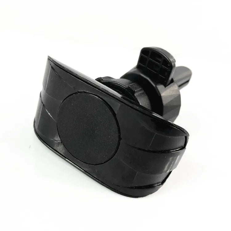 Black car phone holder mounted on car air vent with phone in adjustable clamp