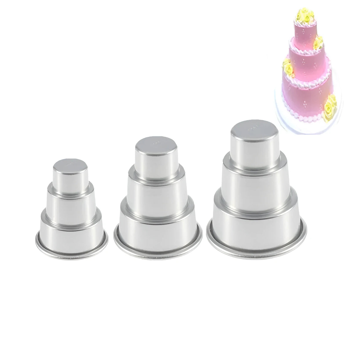Set of three silver aluminium alloy round cake moulds in large, medium, and small sizes.