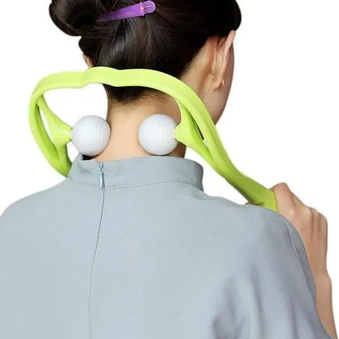 Blue manual neck massager hand roller with swan design and adjustable stand on a white background.