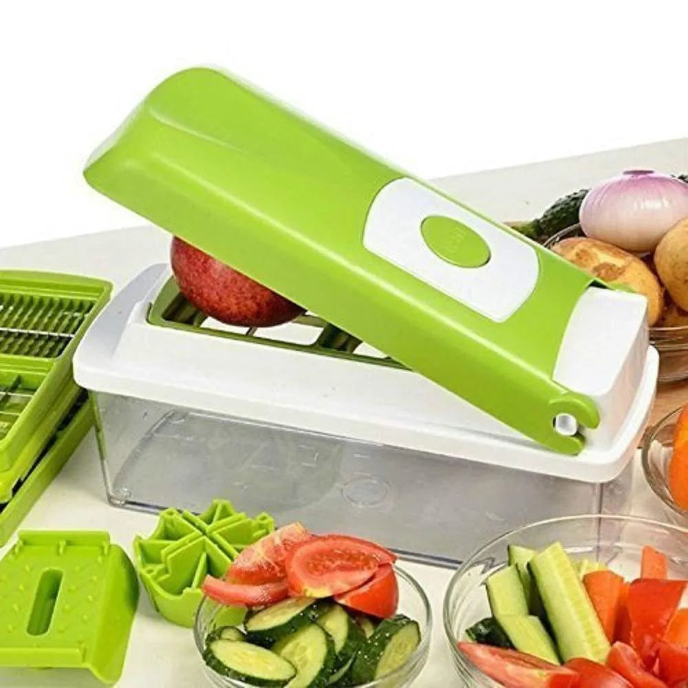 Green 12-piece manual food chopper set with stainless steel blades on a kitchen counter.