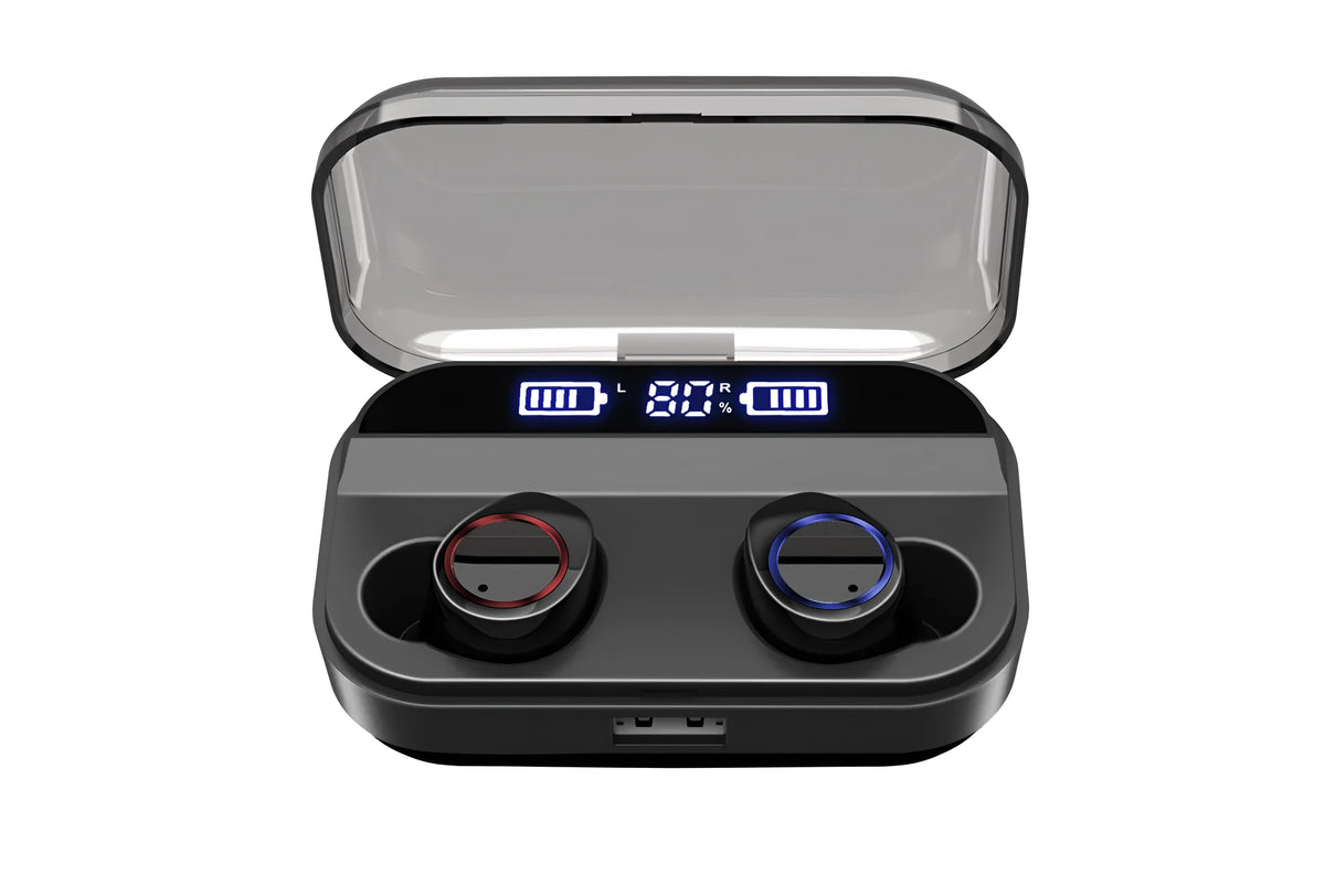 Black X11 wireless Bluetooth earbuds with charging case and six silicone ear sleeves on a white background.