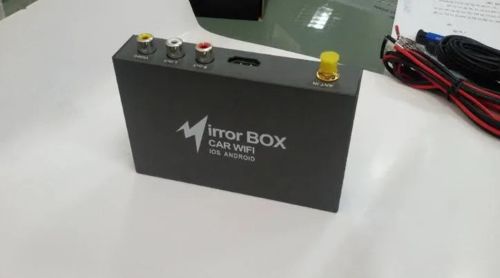 Black car mirror link box with Wi-Fi AV conversion for smartphone and tablet car connectivity