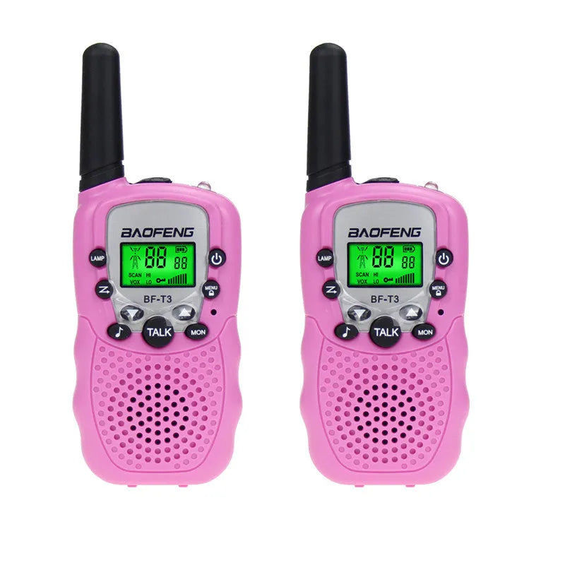 Child holding colourful walkie talkie with antenna extended, showing 22-channel display