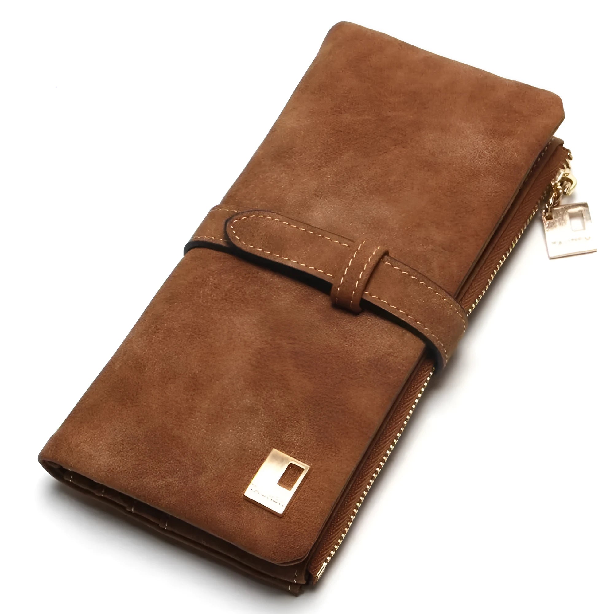 Vertical long Pu leather wallet with zip closure open to show card slots, note compartment, and phone pocket.