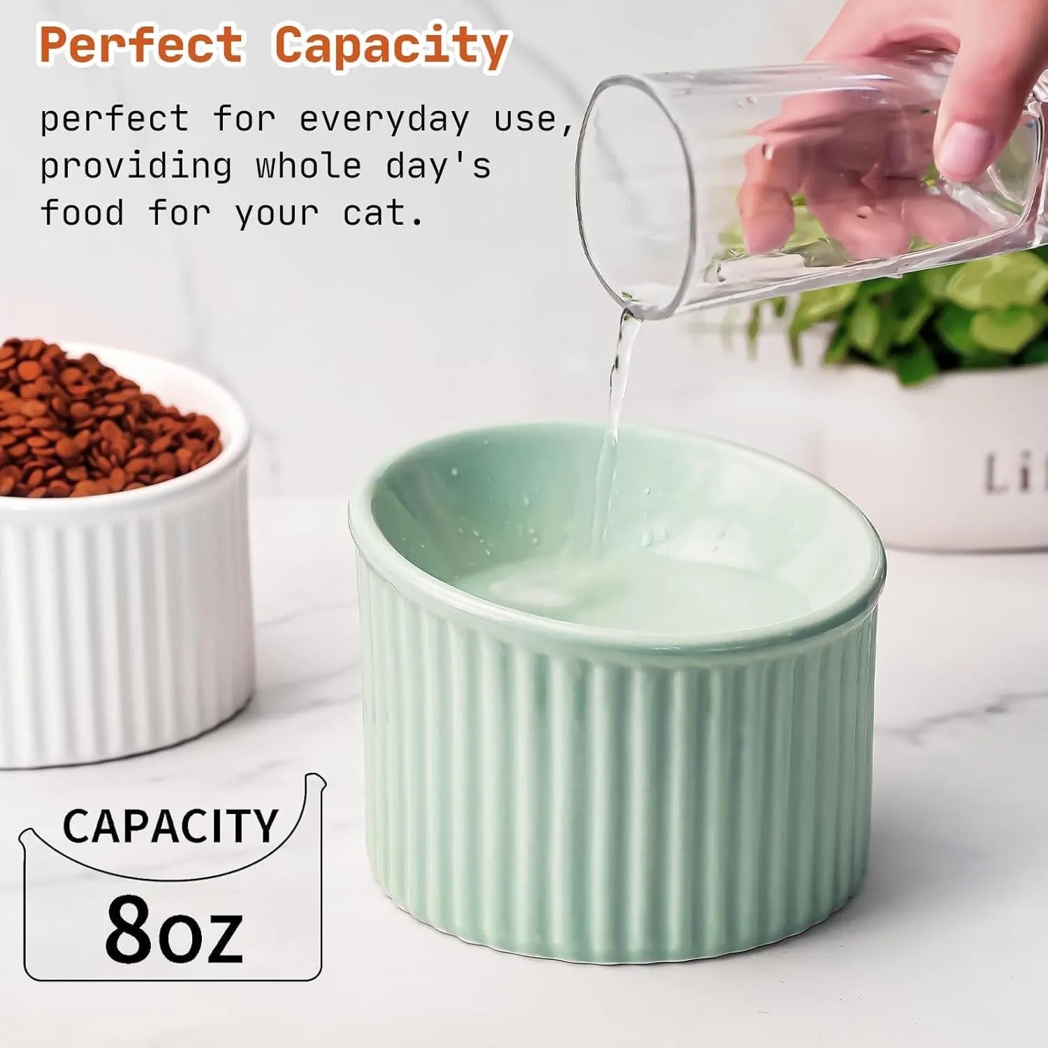 Dark green ceramic elevated cat bowl on a table, showing its raised height and round, tilted shape.