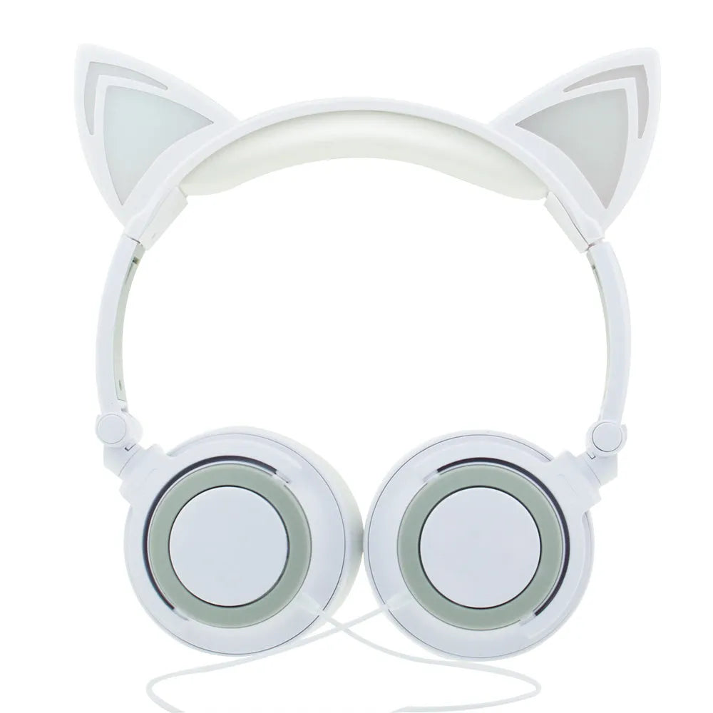 LED light-up cat ear headphones on a white background, showing black colour variant with illuminated ears.