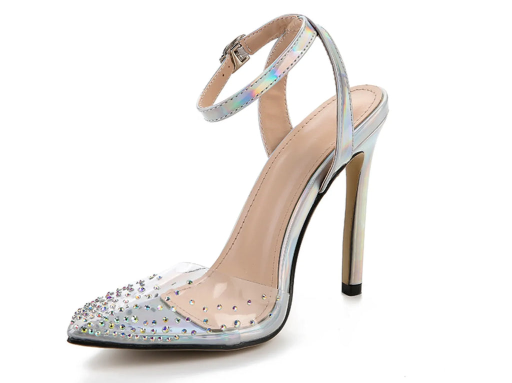 Women's pointed toe stiletto heel sandals with a PVC upper, shown on a size chart.