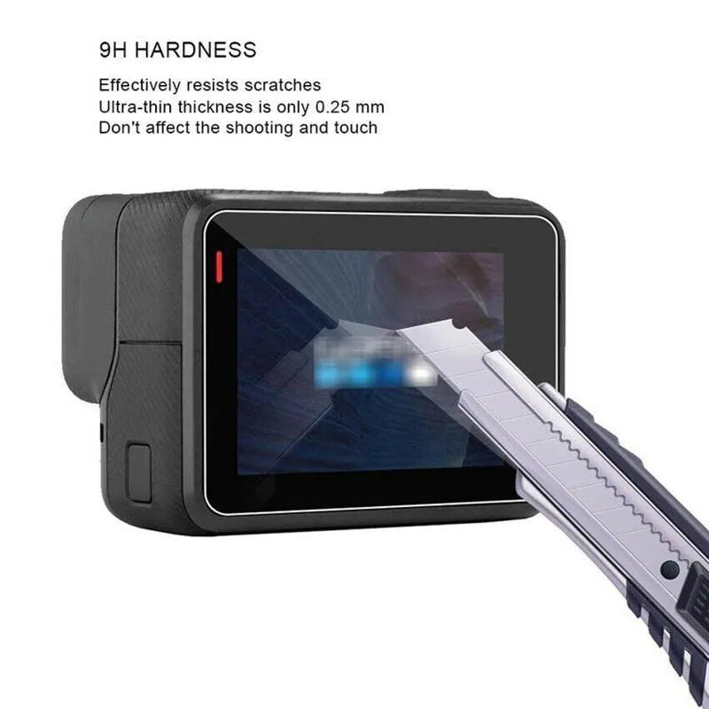 GoPro Hero camera with transparent 9H tempered glass screen protector and lens protector film kit.