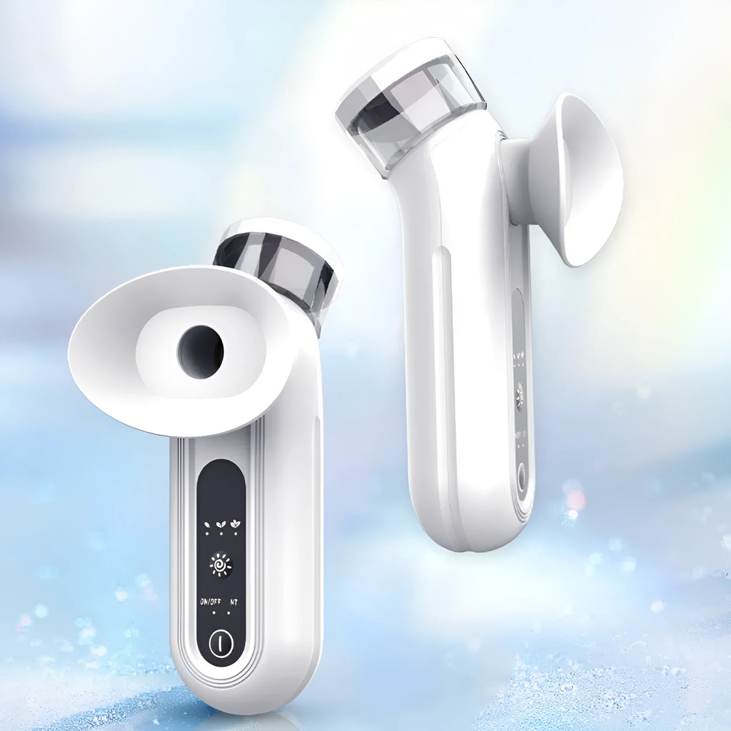 White rechargeable portable eye compress device with USB cable and eye mask.