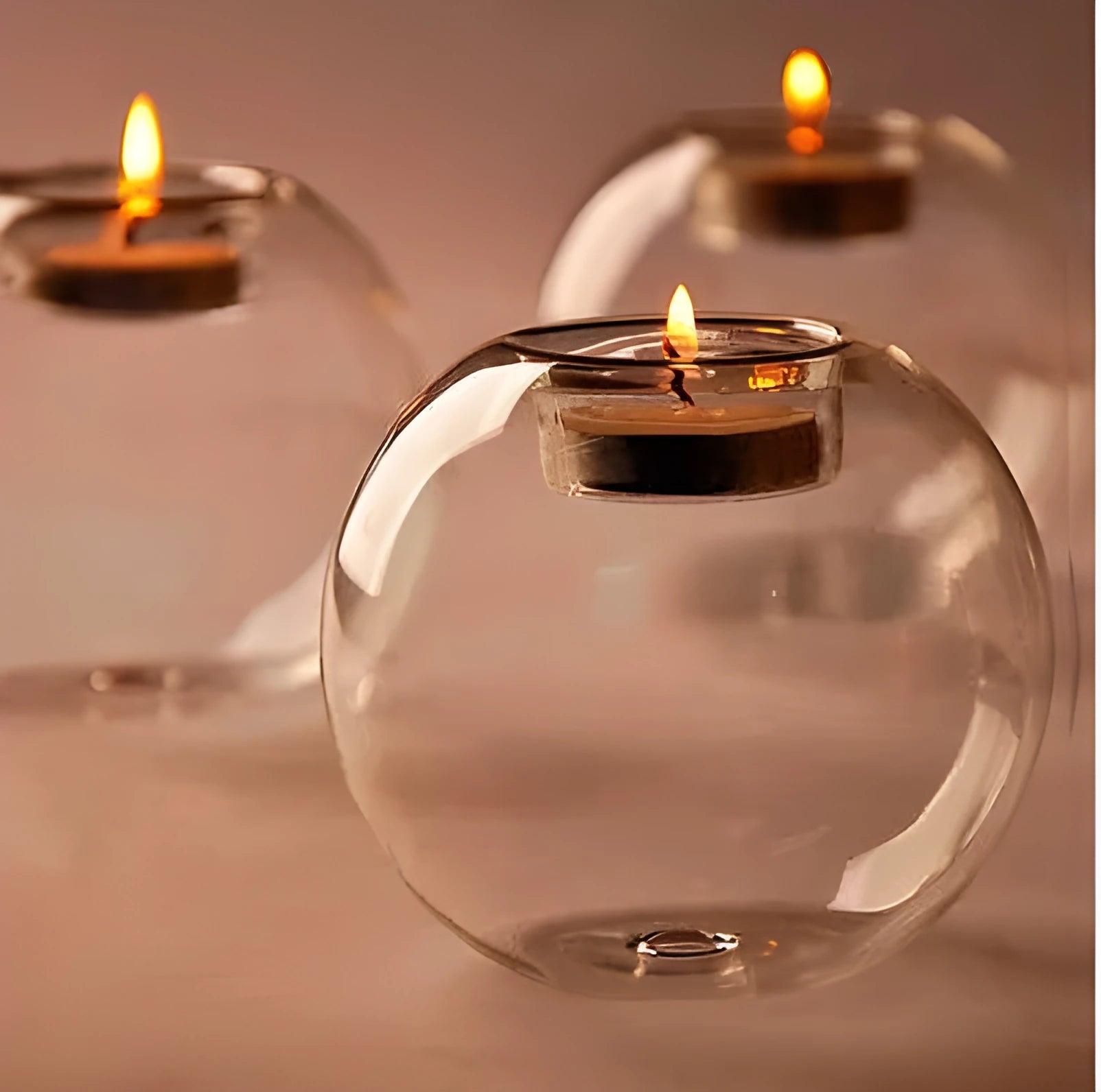 Handmade hot glass round hollow candle holder table in transparent glass with 8cm, 10cm, and 12cm diameter options