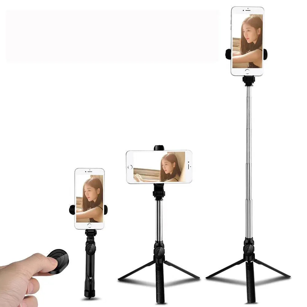 Black aluminium Bluetooth tripod selfie stand for iPhone with extended legs and remote control