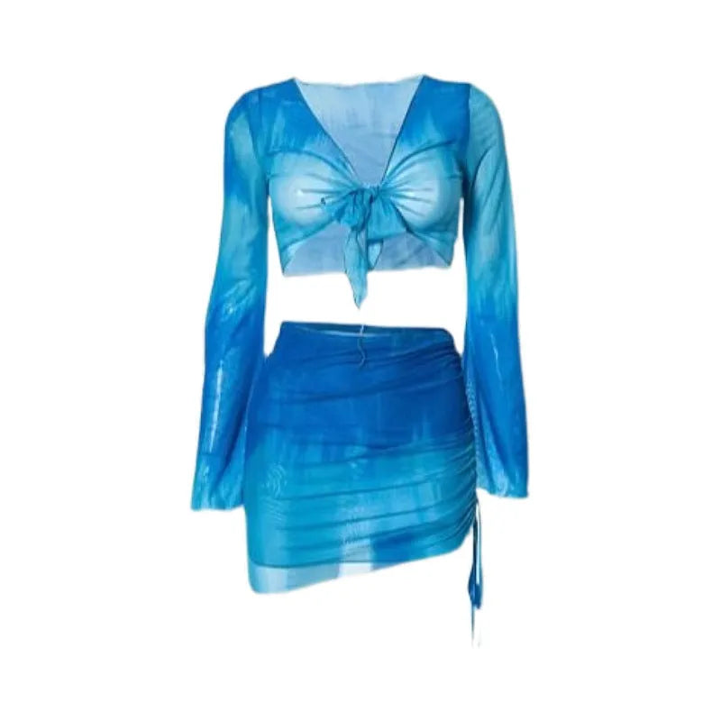 Blue four-piece women's bikini swimsuit set showing shirt, bra, underwear, and skirt with high-waisted design