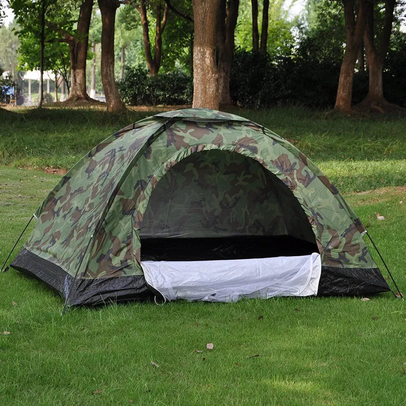Green camouflage two-person camping tent with mesh windows and triangular skylight.
