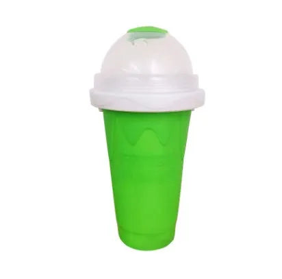 Blue double wall silicone cold shake cup with cylindrical shape and pinch activation for instant beverage cooling