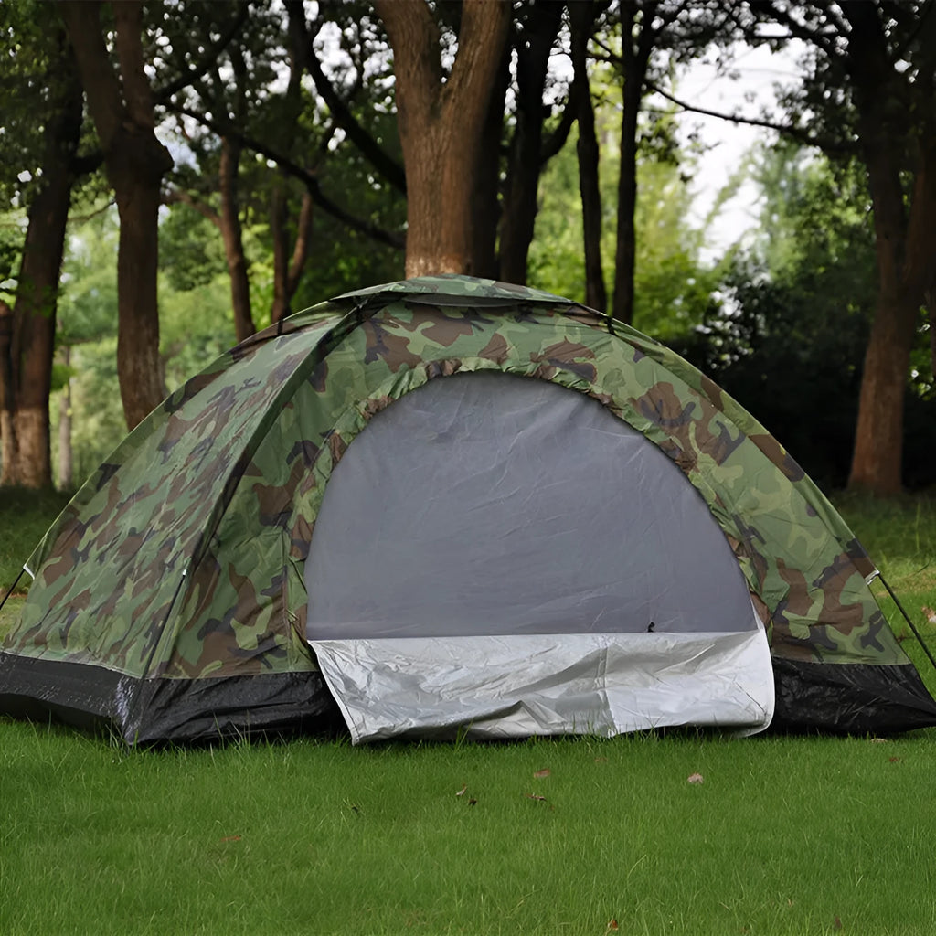 Green camouflage two-person camping tent with mesh windows and triangular skylight.