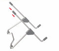 Grey aluminium and plastic adjustable stand holding a mobile phone and a tablet.