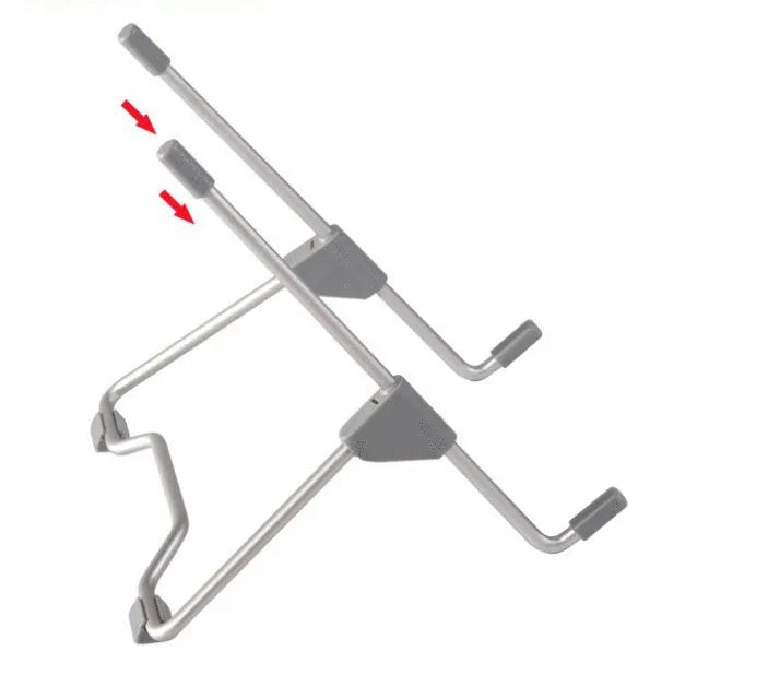 Grey aluminium and plastic adjustable stand holding a mobile phone and a tablet.