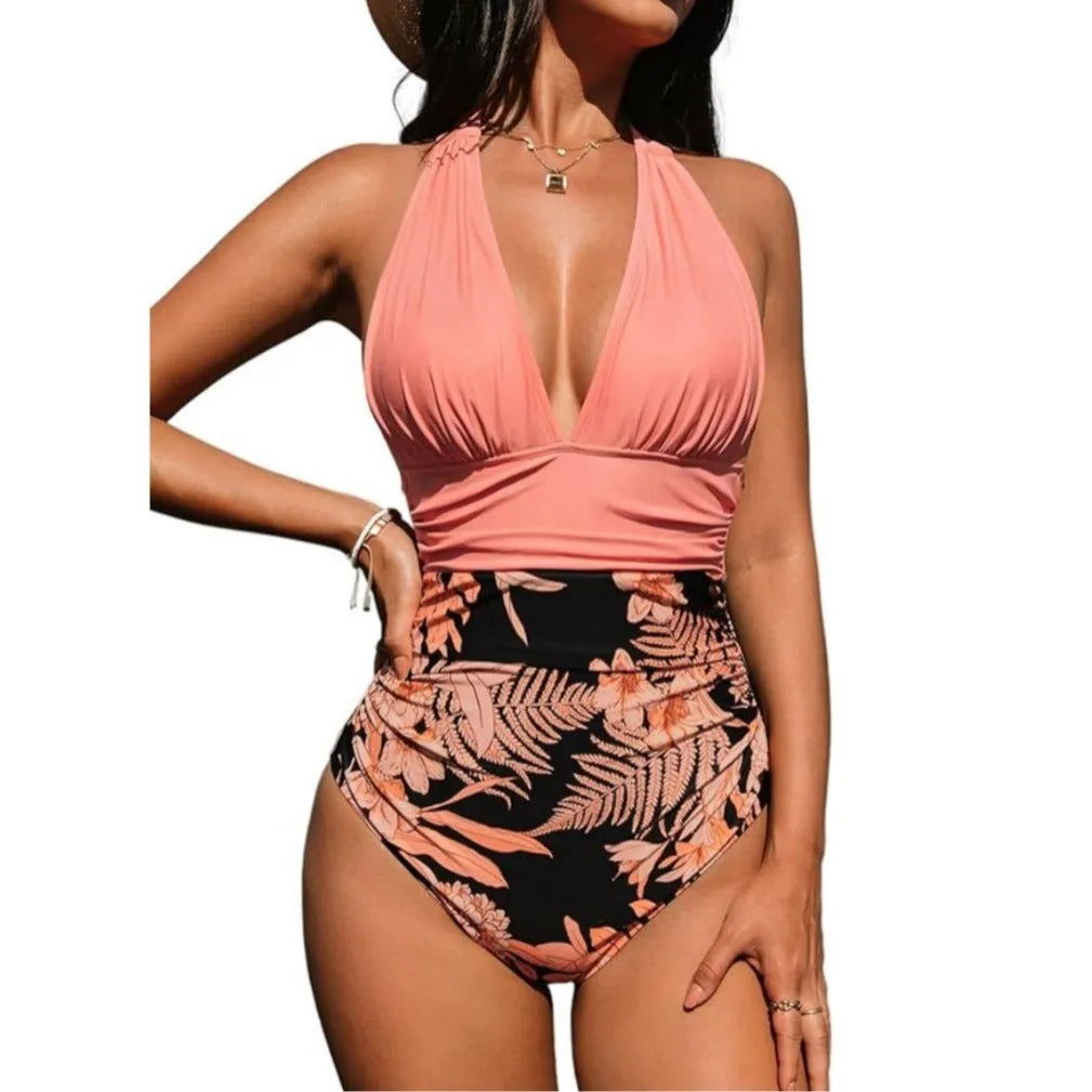 Women's halter neck one-piece swimsuit in polyester fabric with floral pattern