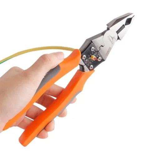 Orange multi-function wire cutter pliers with chrome steel jaws and textured PVC handles.