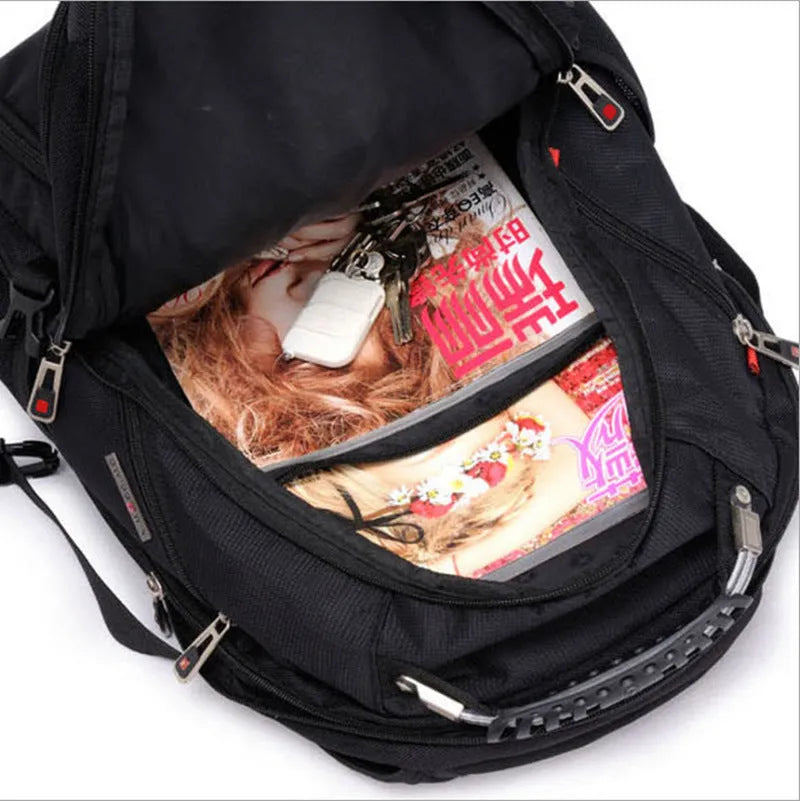 Black business laptop backpack open to show three internal compartments and laptop sleeve
