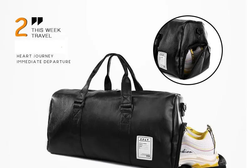 Black unisex waterproof sports gym bag with a separate shoe compartment shown in two size options.