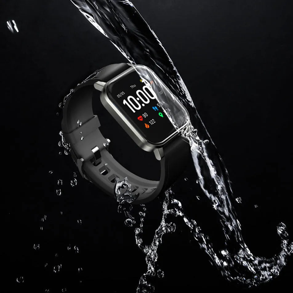 Black waterproof smart bracelet with 1.4-inch screen showing heart rate data on silicone strap.