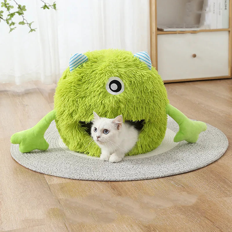 Round fluffy plush cat bed with non-slip base in small, medium, and large sizes