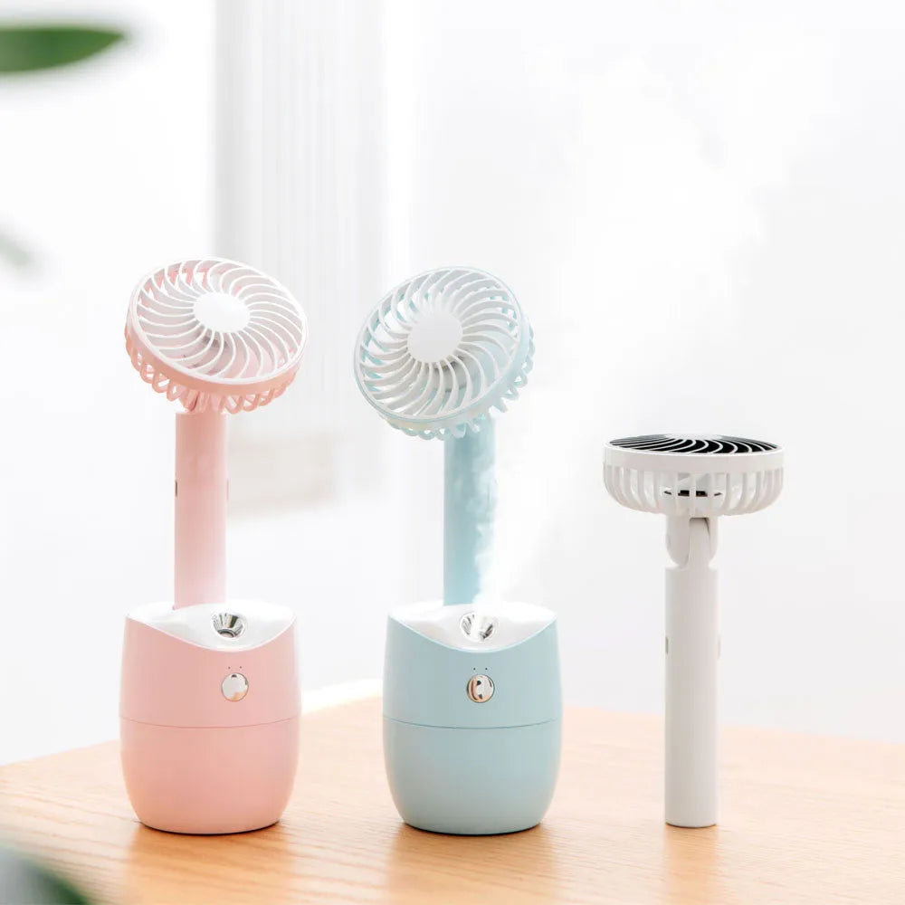 USB mini humidifier fan in blue, 2000mAh, 300ml tank, three speed settings, portable design