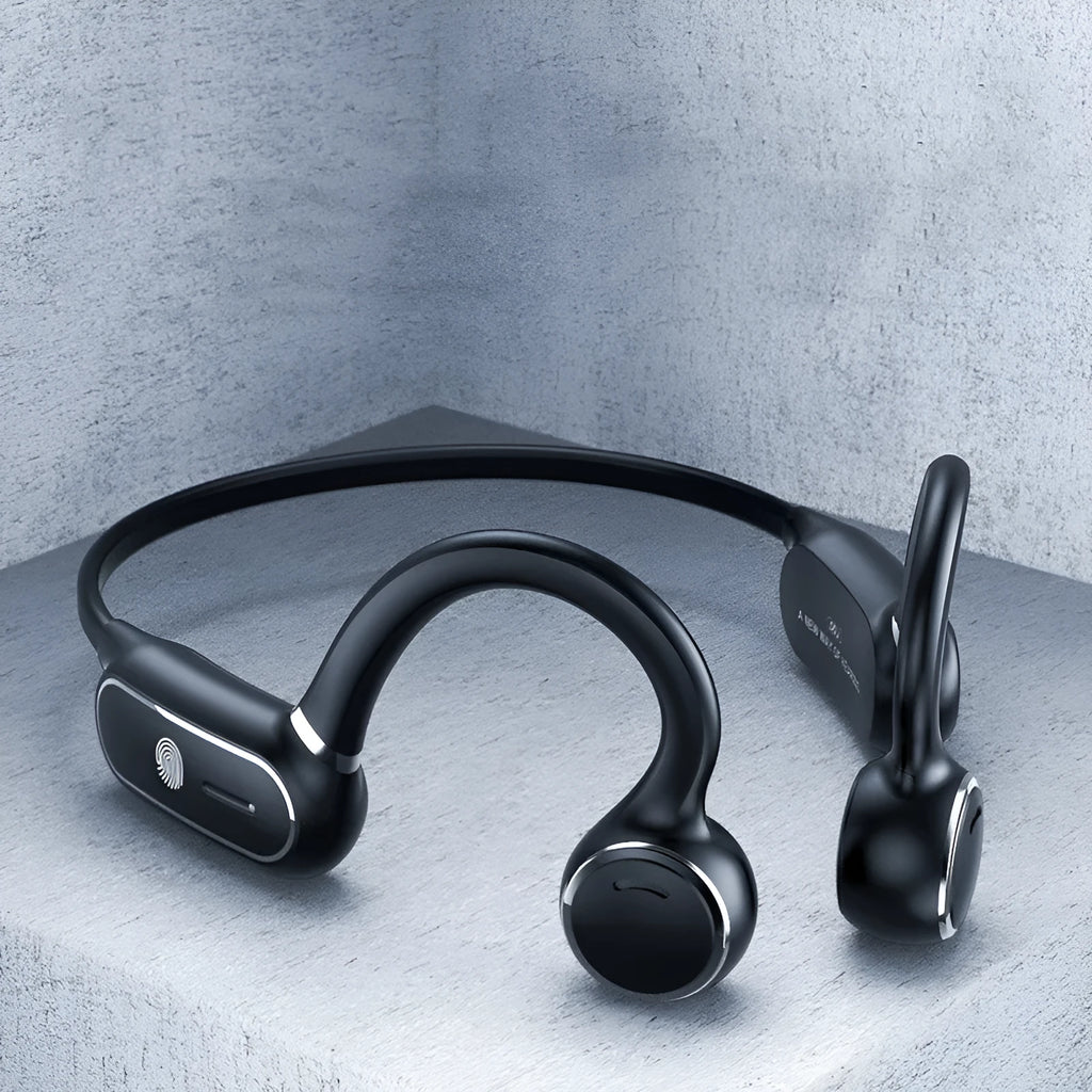 Black air conduction Bluetooth wireless earphone with a titanium alloy ear-hook frame on a white background.