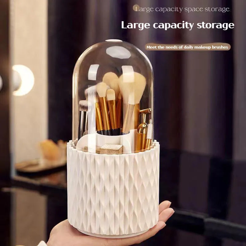 Transparent acrylic makeup brush storage box with rotating base and dustproof lid