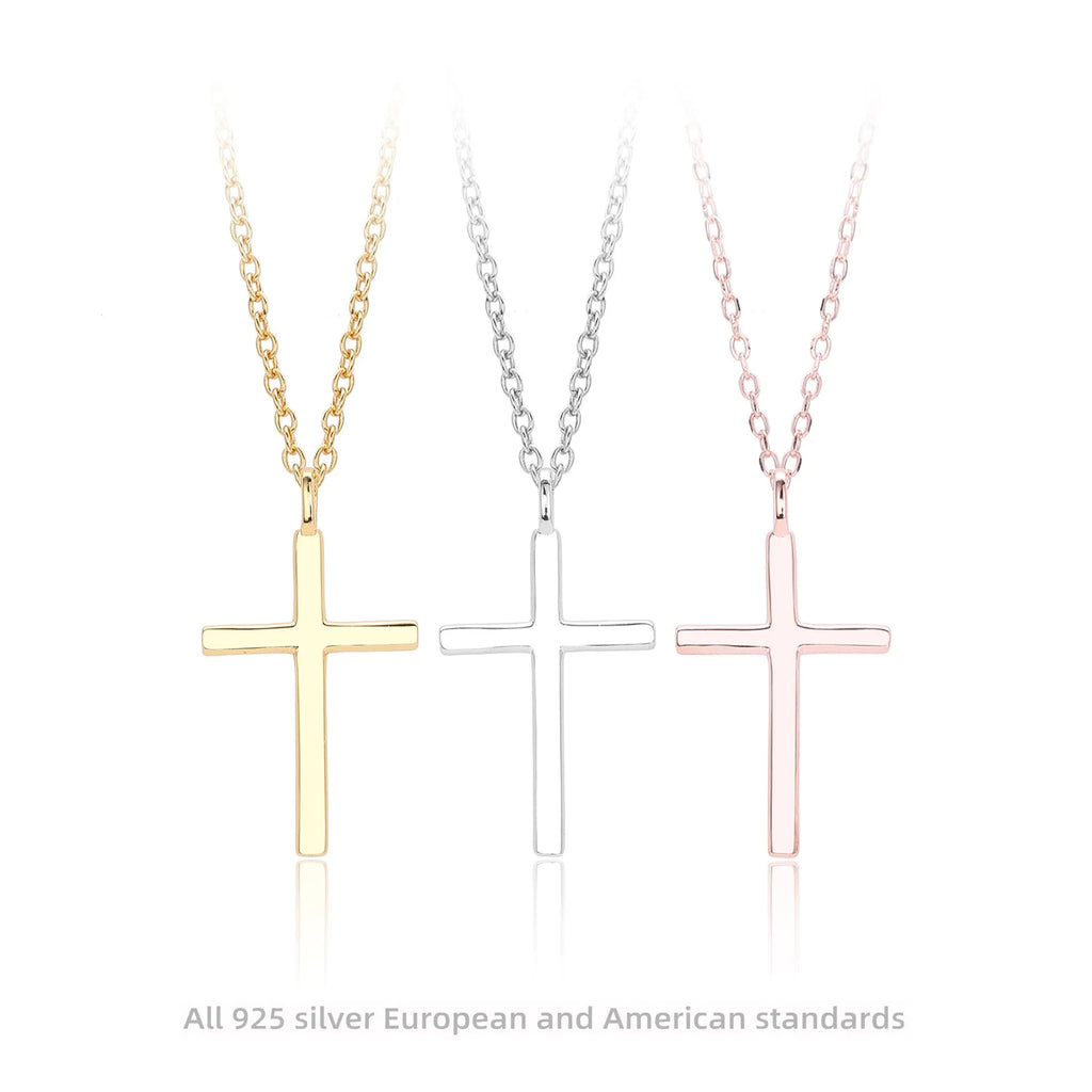 S925 sterling silver cross pendant necklace on adjustable O-shaped chain with three plating options