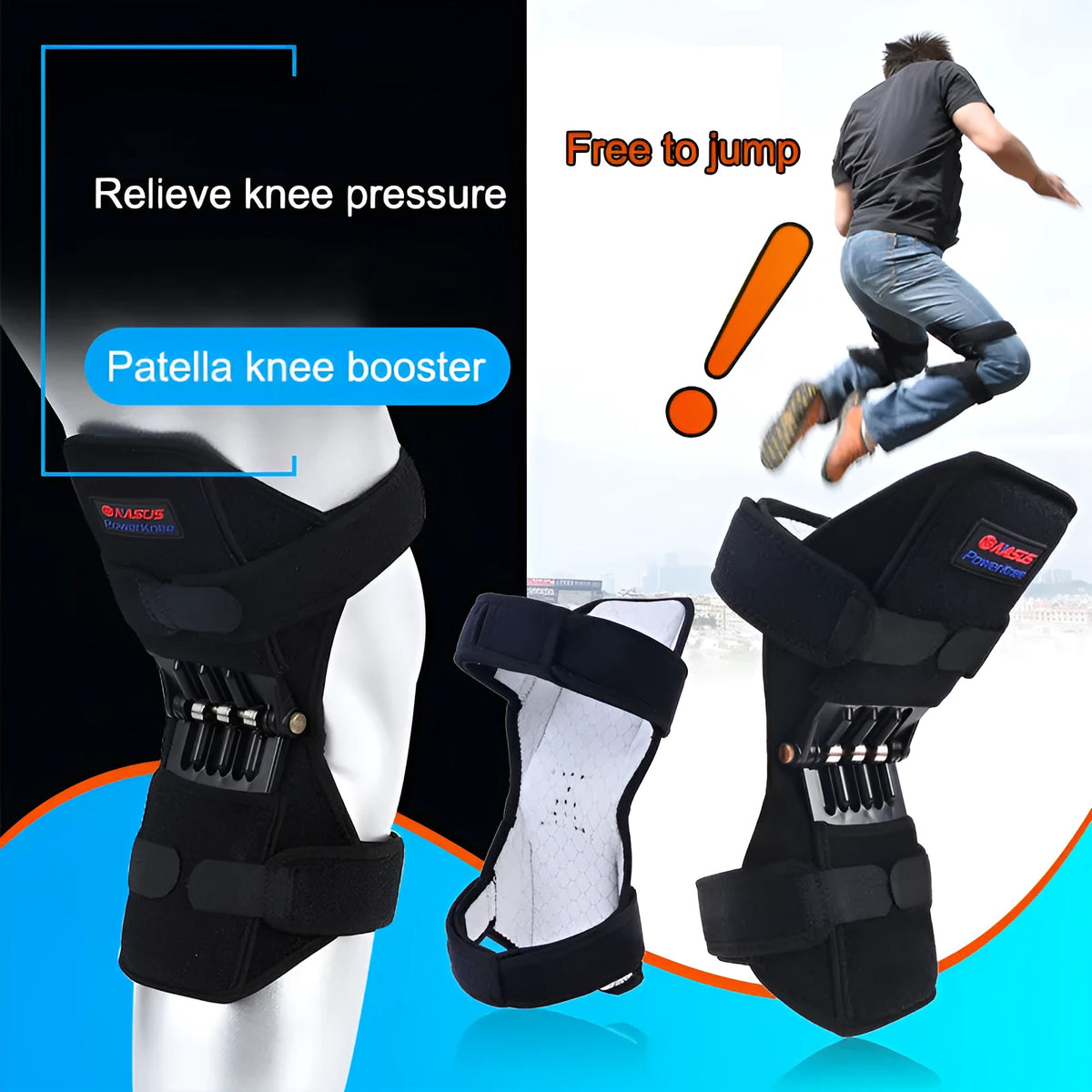 Adjustable spring knee brace with breathable fabric shown in black colour